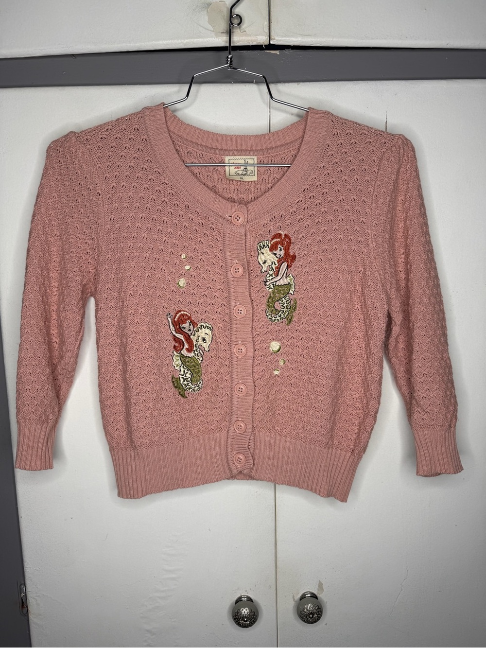 Mischief Made Womens Mermaid Sisters Cropped Pink Sweater Cardigan Size XL
